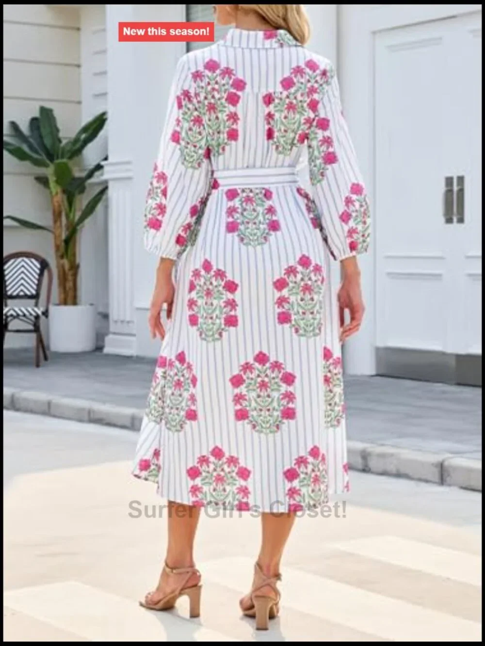 Women's Floral Midi Shirt Dress Casual Button Down A-Line 3/4 Puff Sleeve